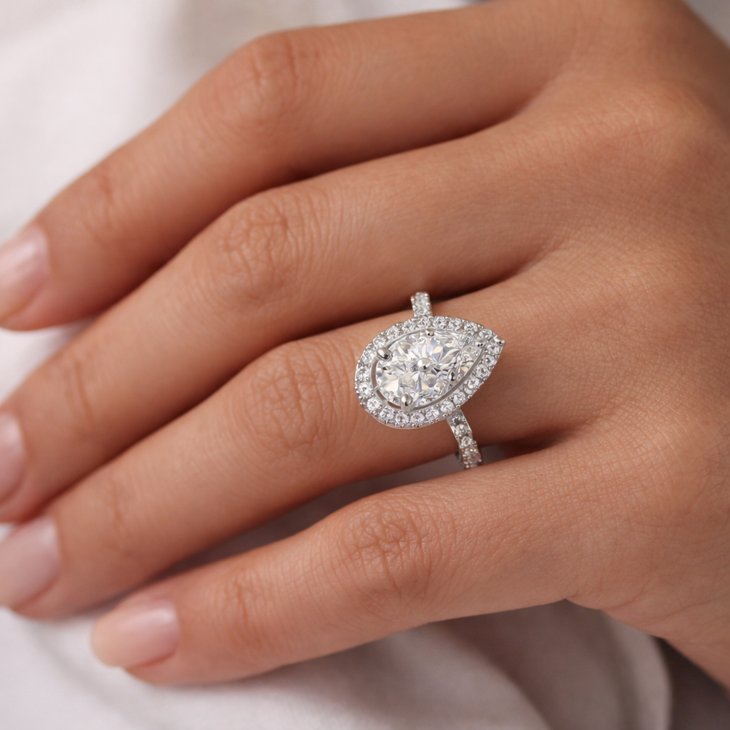 Pear Halo Solitaire Women Ring